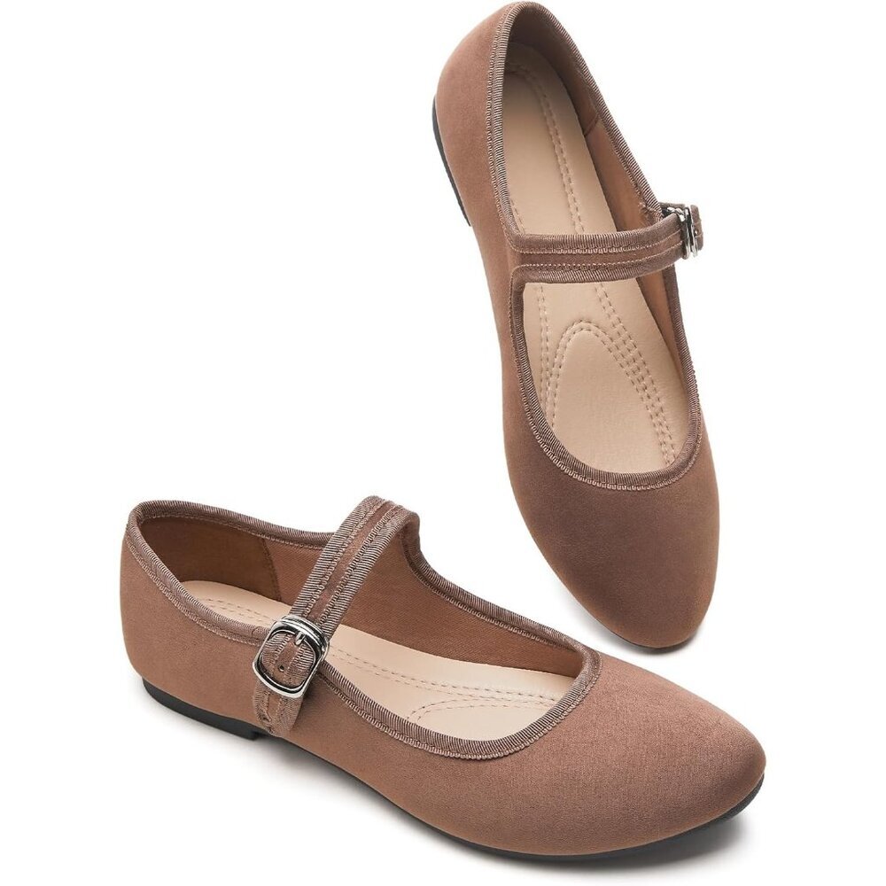 Babudog Womens Brown Faux Suede Rounded Toe Ankle Strap With Buckle Flats